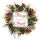 preview thumbnail 1 of 6, Fraser Hill Farm 26-Inch Frosted Wreath with Pinecones, Red Berries, and Merry Christmas Sign - Multi