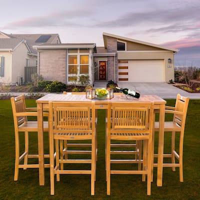 Chic Teak 7 Piece Teak Wood Maldives Patio Bistro Bar Set, 63" Bar Table, 2 Bar Chairs with Arms and 4 Armless Bar Chairs