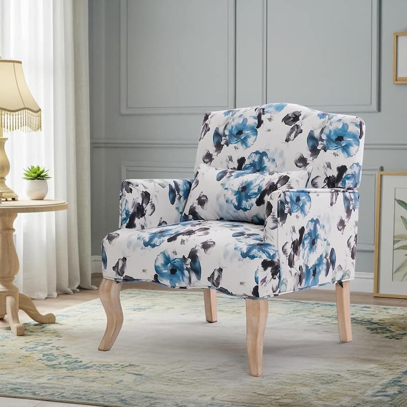 EROMMY Floral Accent Chair for Living Room, Upholstered Wingback Armchair with Pillow. - Blue Floral.
