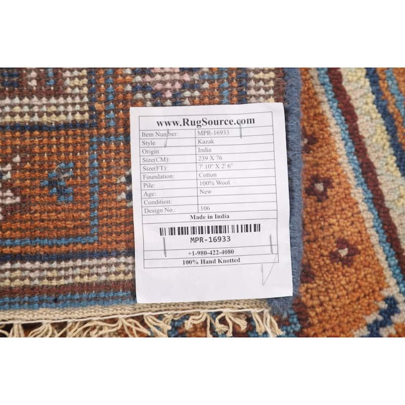 Geometric Kazak Runner Rug Hand-Knotted Wool Carpet - 2'6" x 7'10"
