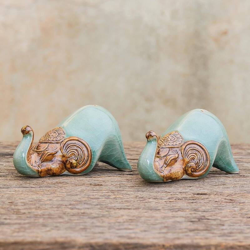 Handmade Crouching Elephants In Green Celadon Ceramic Salt And Pepper Shakers (Pair) Thailand - 2" H x 2" W x 3.7" D