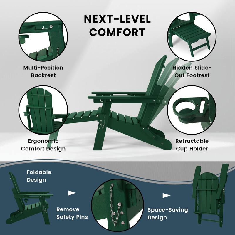 Laguna Outdoor Folding Adjustable Adirondack Chair with Hideaway Ottoman & Round Side Table