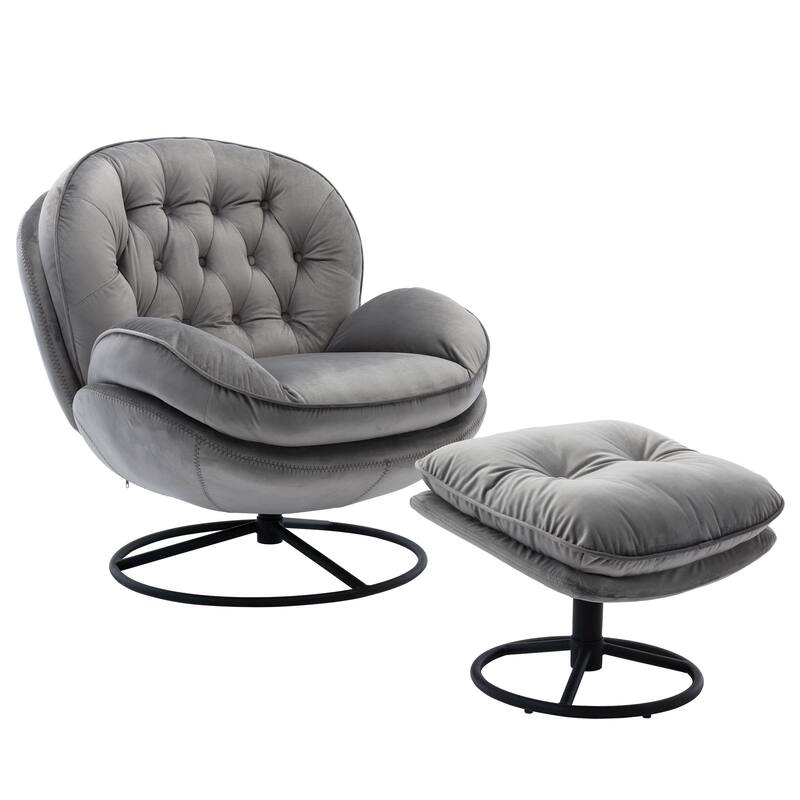 Velvet Swivel Egg Chair Sofa Lounge Gray Single Sofa Chair w/ Ottomans