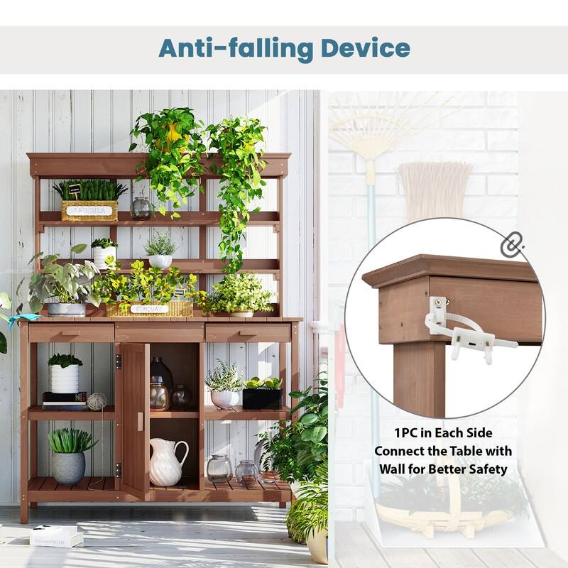 Outdoor Garden Potting Bench Table Workstation Planting Bench with 2 Drawers, Cabinet and Open Shelves for Backyard, Mudroom