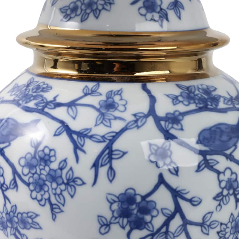 Ceramic Table Lamp Floral Bird Print with Accent Glam Decor - 19" Blue - 12" x 12" x 19"