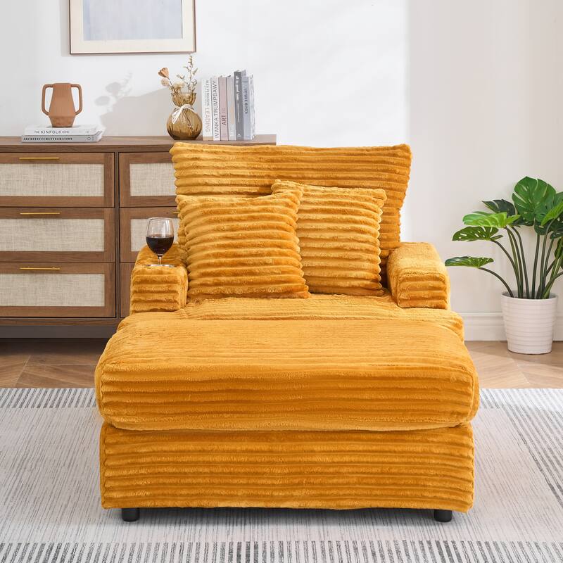 Corduroy Fabric Armchair & Ottoman Set, Upholstered Single Sofa with Cup Holder, Lounge Chair with Square Armrests