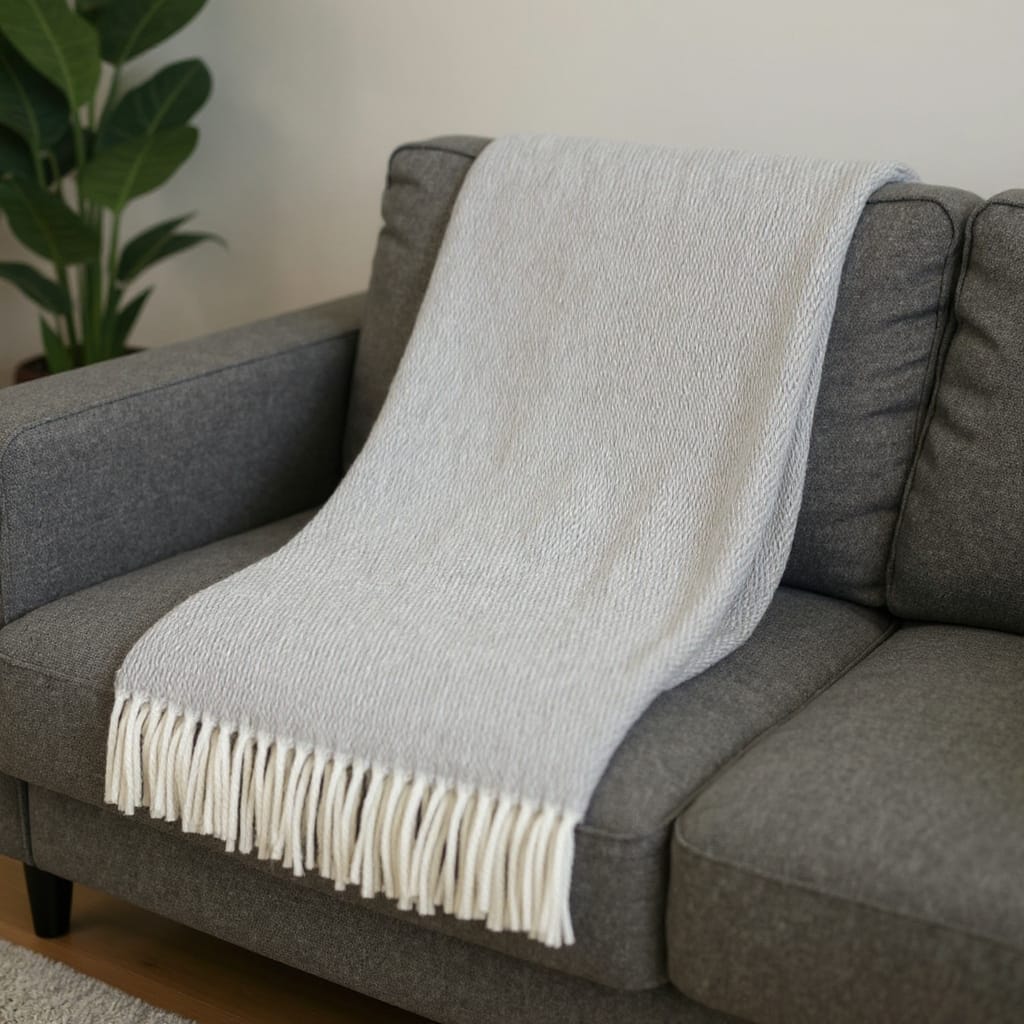HomeRoots 55" X 70" Light Gray And White Herringbone Cotton And Microfiber Woven Throw Blanket with Fringe