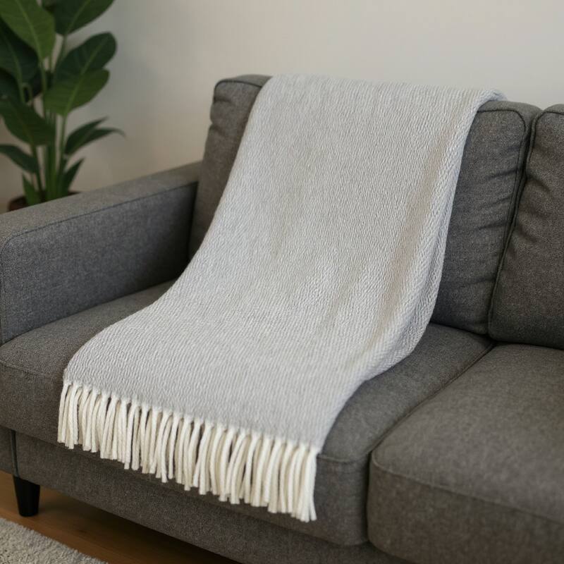 HomeRoots 55" X 70" Light Gray And White Herringbone Cotton And Microfiber Woven Throw Blanket with Fringe - Throw - Light Gray/White