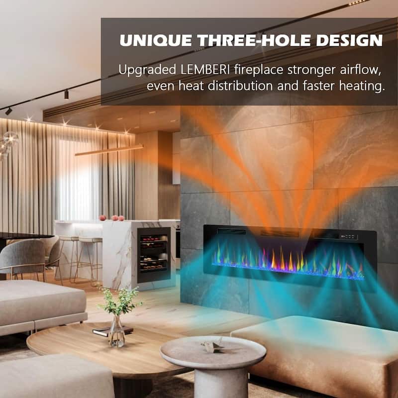BOSSIN Electric Fireplace - Recessed or Wall Mounted Heater, 750/ 1500W, Adjustable Flame, Remote & Touch Control, Timer