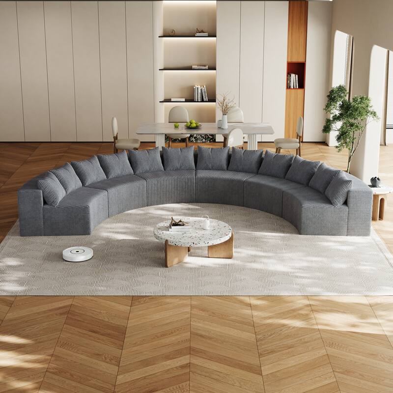 Curved Modular Corduroy Sectional Sofa 6-Piece Symmetrical Couch with 12 Pillows for Living Room Lounge - Grey