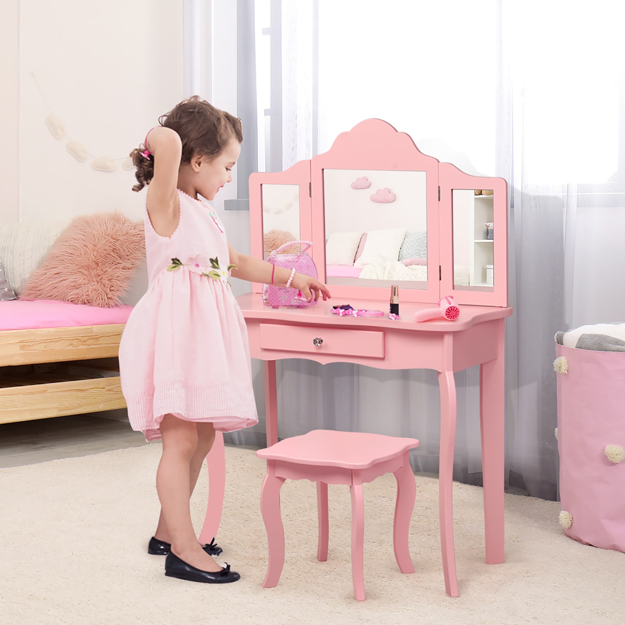 Kids Vanity Table and Stool Set Princess Makeup Dressing Table