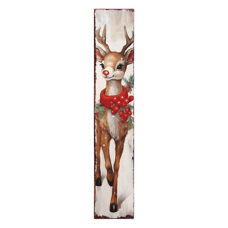 HomeRoots 48" White Green And Red Christmas Reindeer Solid Wood Porch Sign