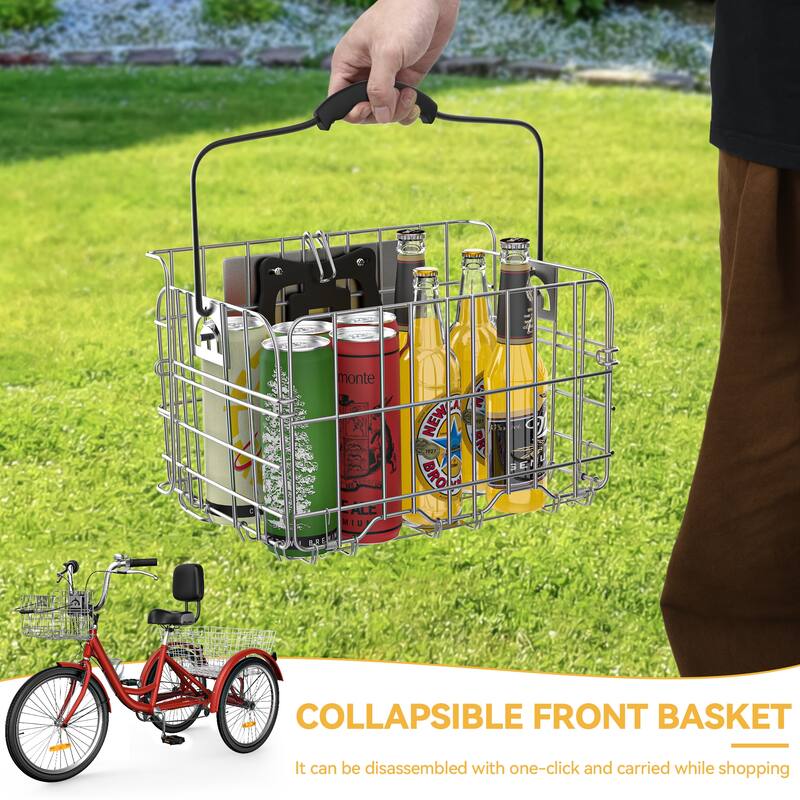 24"/26" Matte Red Adult Tricycle 7 Speed Trike Bike with Shimano Shifting with Removable Baskets
