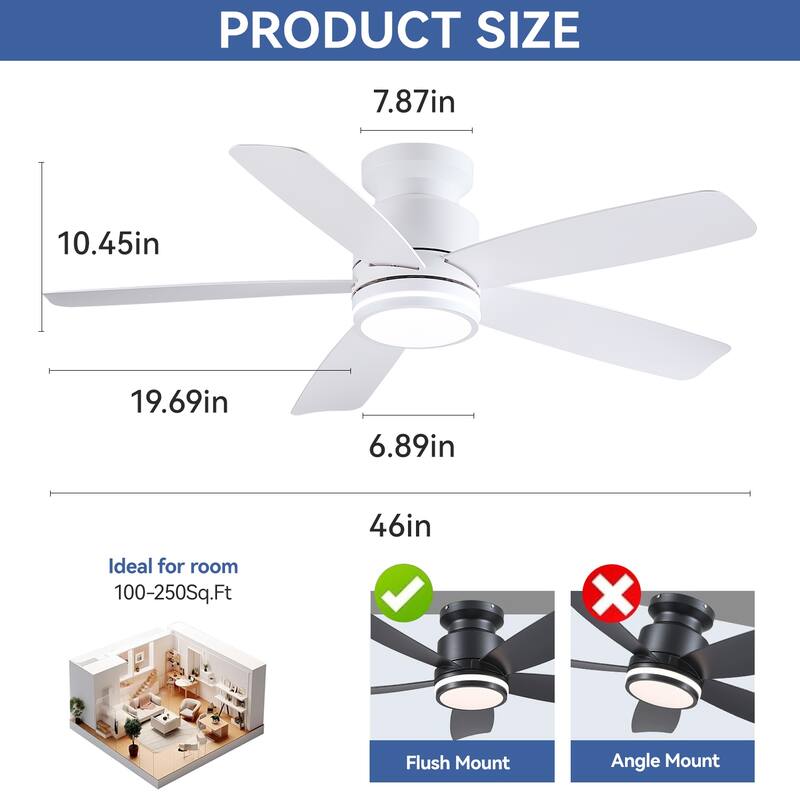 41 and 46 Inches Flush Mount Ceiling Fan with Light and Remote