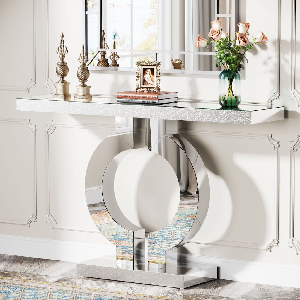 Modern Silver Entryway Table Glass Sofa Table with Mirror Finish - 11.61"D x 43.11"W x 31.89"H