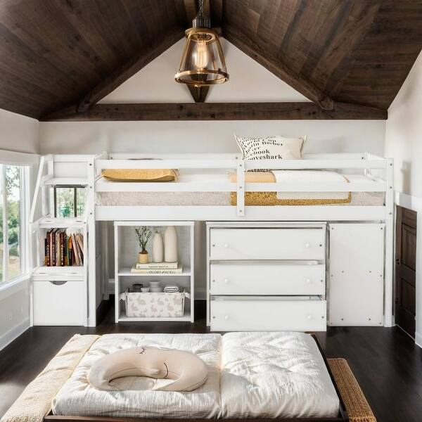 slide 2 of 20, Artsy Full Size Loft Bed with Retractable Writing Desk and 3 Drawers, Wooden Loft Bed with Storage Stairs and Shelves, White White