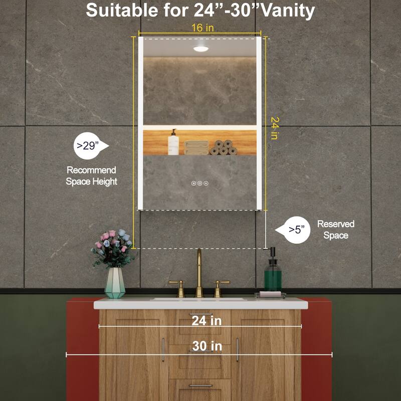 Chloe LED Medicine Cabinet with Mirror, Dimmable, Anti-fog, Adjustable Glass Shelves, Recessed or Surface Mount