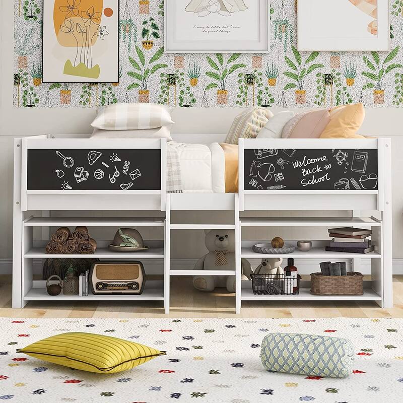Twin Size Low Loft Bed with 2 Movable Shelves and Ladder & Chalkboard