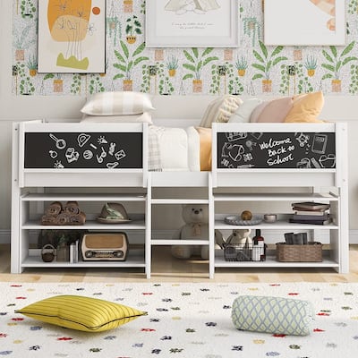 Twin Size Low Loft Bed with 2 Movable Shelves and Ladder & Chalkboard