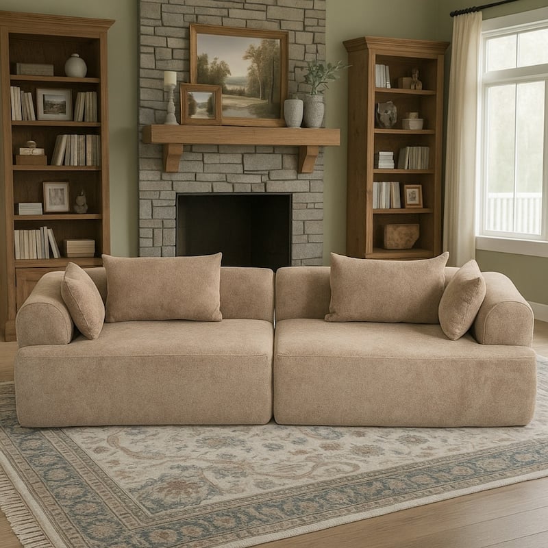 96" Boucle Fabric Sectional Sofa with Four Pillows, No Assembly Required - Brown