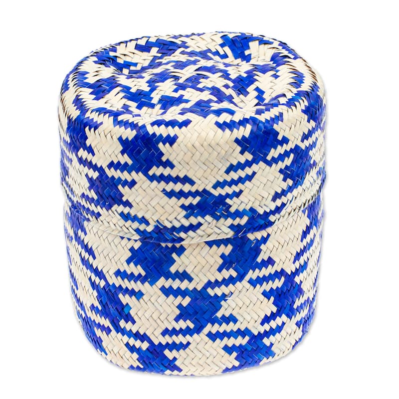 Novica Handmade Rooster In Blue Natural Fiber Basket