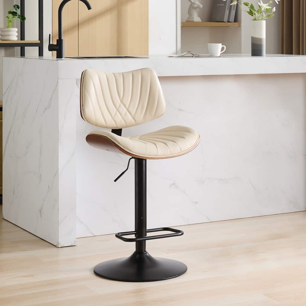 Bentwood Bar Stools Mid Century Modern Adjustable Counter Height Black Leather Upholstered 360°Swivel Bar Chairs