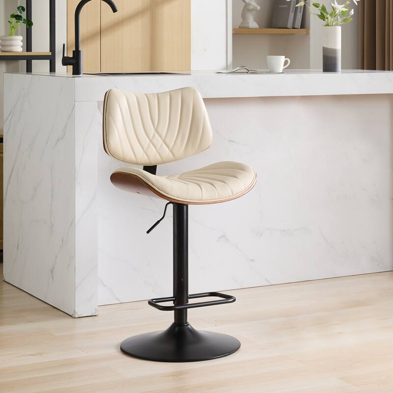 Roomfitters Mid-Century Adjustable Swivel Bar Stool, Walnut Bentwood PU Leather Counter Chair with Ergonomic Back