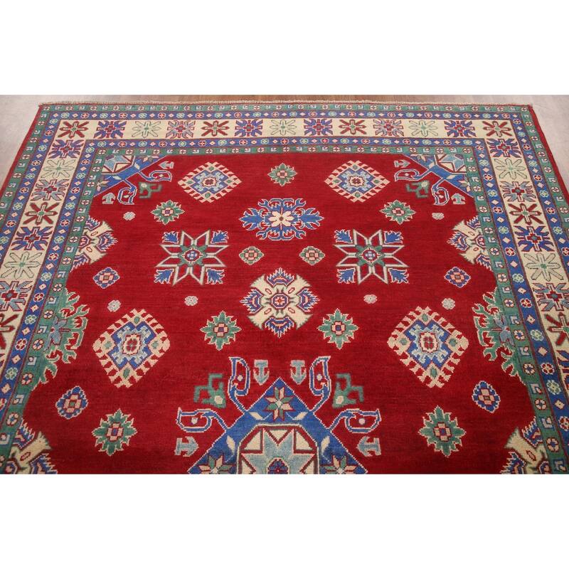 Hand Knotted Oriental 100% Wool Carpet Traditional Geometric Red Kazak Area Rug - 9' 7'' X 6' 7''