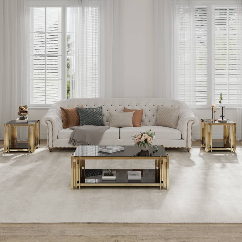 20" Wide Square End Table with Black Glass Top, Golden Stainless Steel Tempered Glass End Table for Living Room&Bed Room