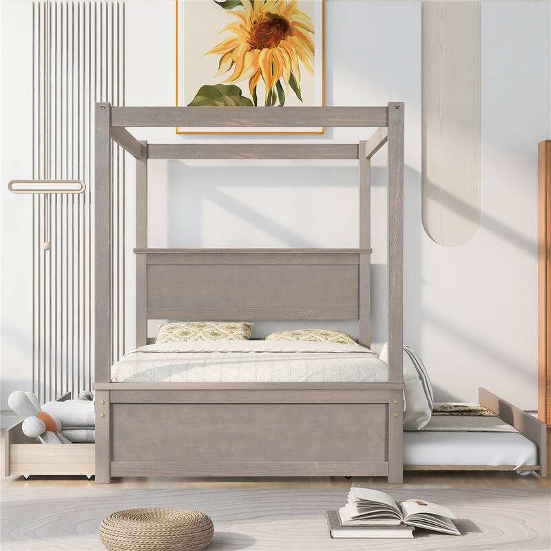 Wood Full Size Canopy Platform Bed with Trundle Bed and Two Drawers