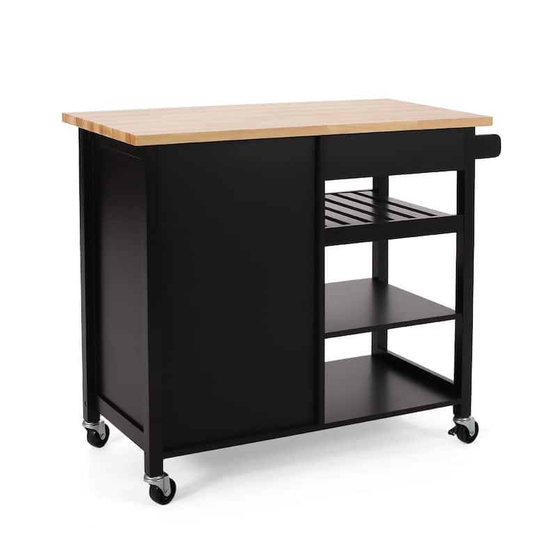 Modern Rolling Kitchen Island Cart with One Drawer, Three Open Shelfs and One Cabinet, Rubberwood Top