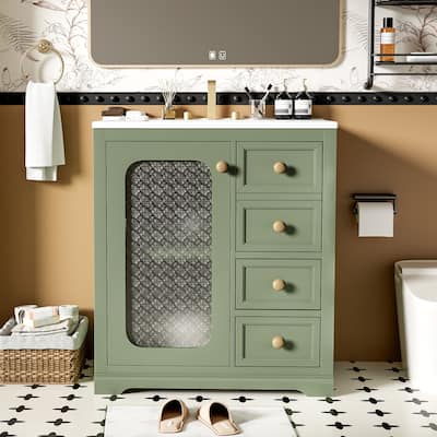 30-inch bathroom vanity with a soft close glass door, adjustable shelves, and three drawers