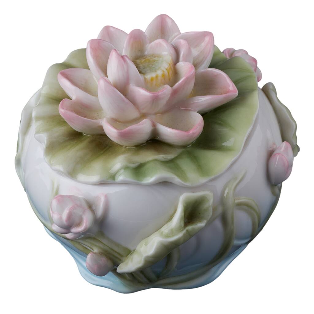Charis 4.13" width LOTUS FLOWER TRINKET BOX multicolor Fine Porcelain