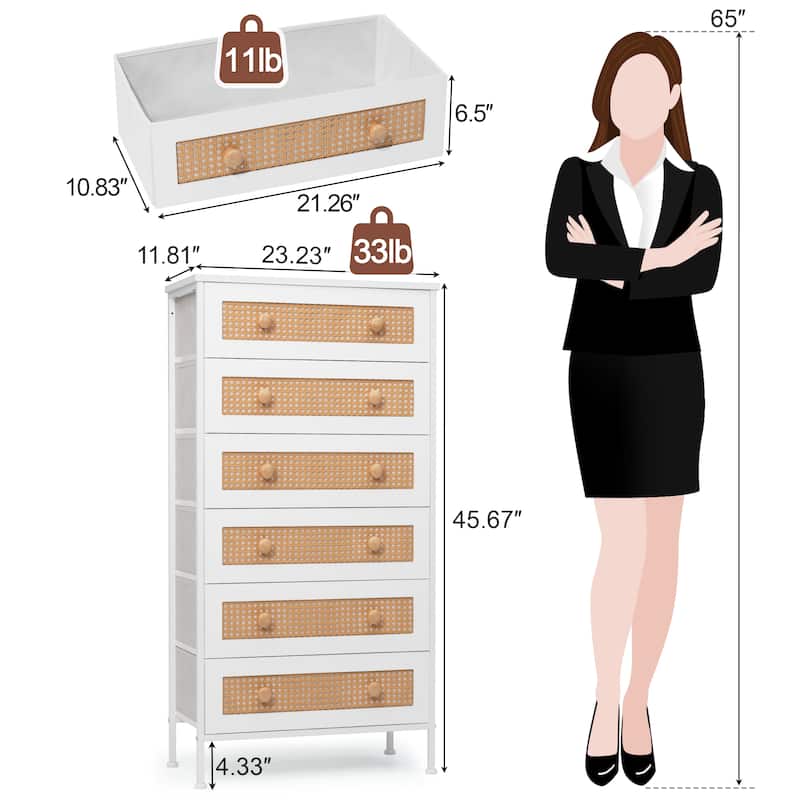 6-Drawer Chest Faux Rattan Fabric Drawers Dresser Storage Cabinet Bedroom Organizer