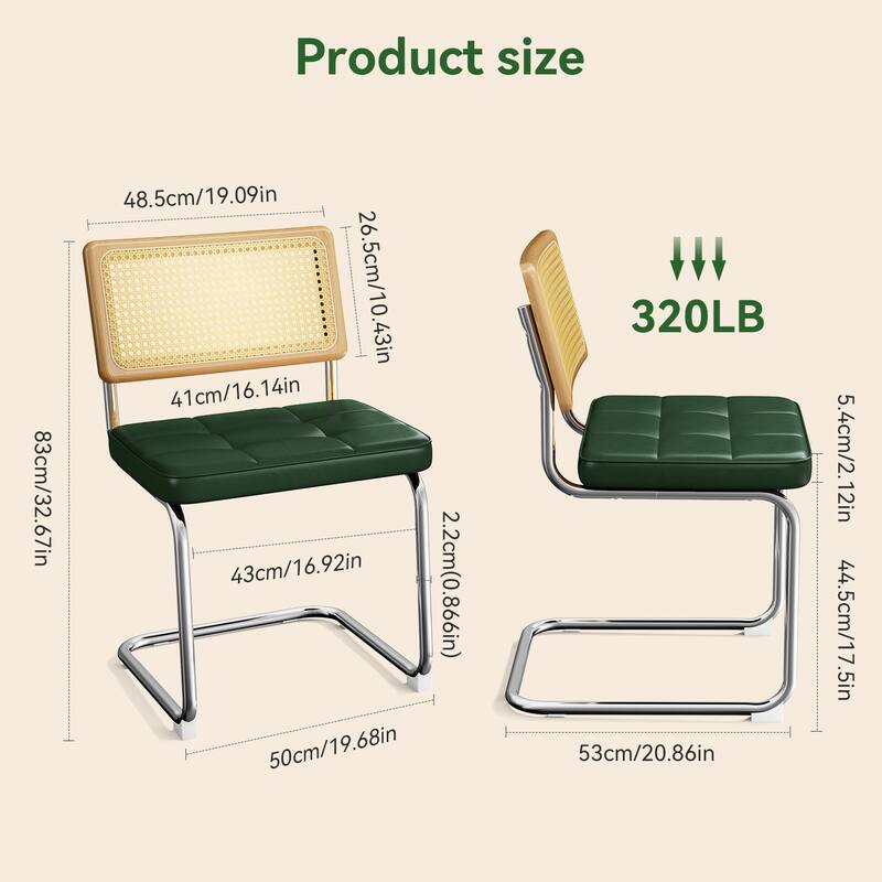 Natural Rattan Dining Chairs Set of 2/4 with Upholstered Faux Leather