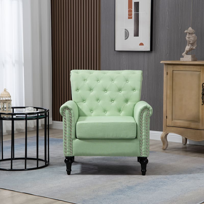 Linen Armchair w/Tufted Back/Wood Legs