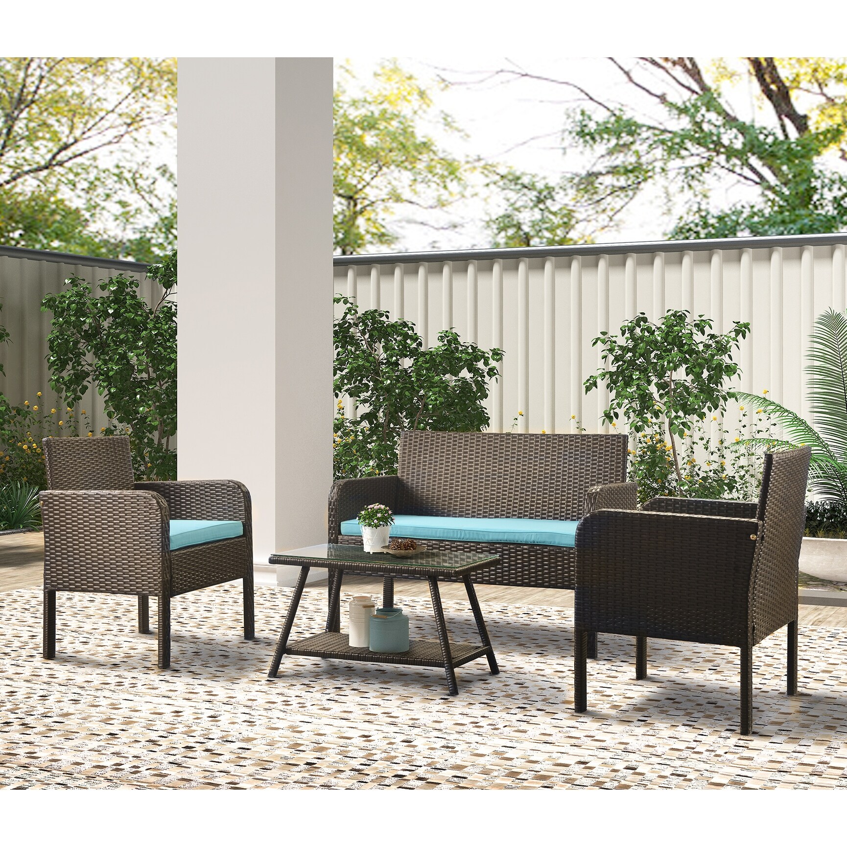 Shop Tiramisubest 4 Pc Outdoor Patio Furniture Sets Rattan Chair Wicker Sofa Indoor Backyard With Tea Table Washable Couch Cushions Overstock 32191975