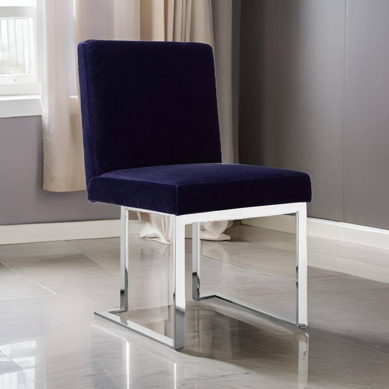 Boly 19 Inch Dining Chair, Set of 2, Navy Blue Velvet, Foam, Chrome Steel