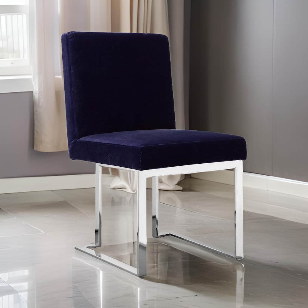 Boly 19 Inch Dining Chair, Set of 2, Navy Blue Velvet, Foam, Chrome Steel