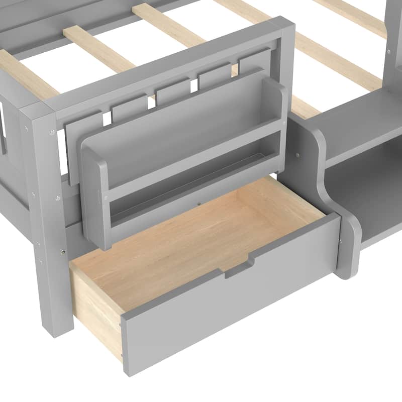 Full/Twin Loft Bed with Storage Drawers, Safety Staircase & Rails