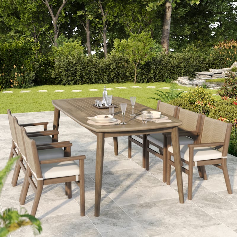 Roomfitters 8-Person Acacia Wood Dining Table, Outdoor Farmhouse Furniture for Patio, Garden, Backyard, Light Brown