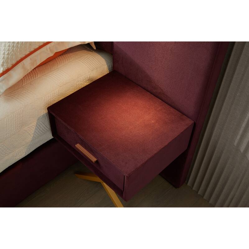 Velvet Upholstered Bed Frame, Wingback Headboard Platform Bed with LED Side Lights & Nightstands, No Box Spring Needed