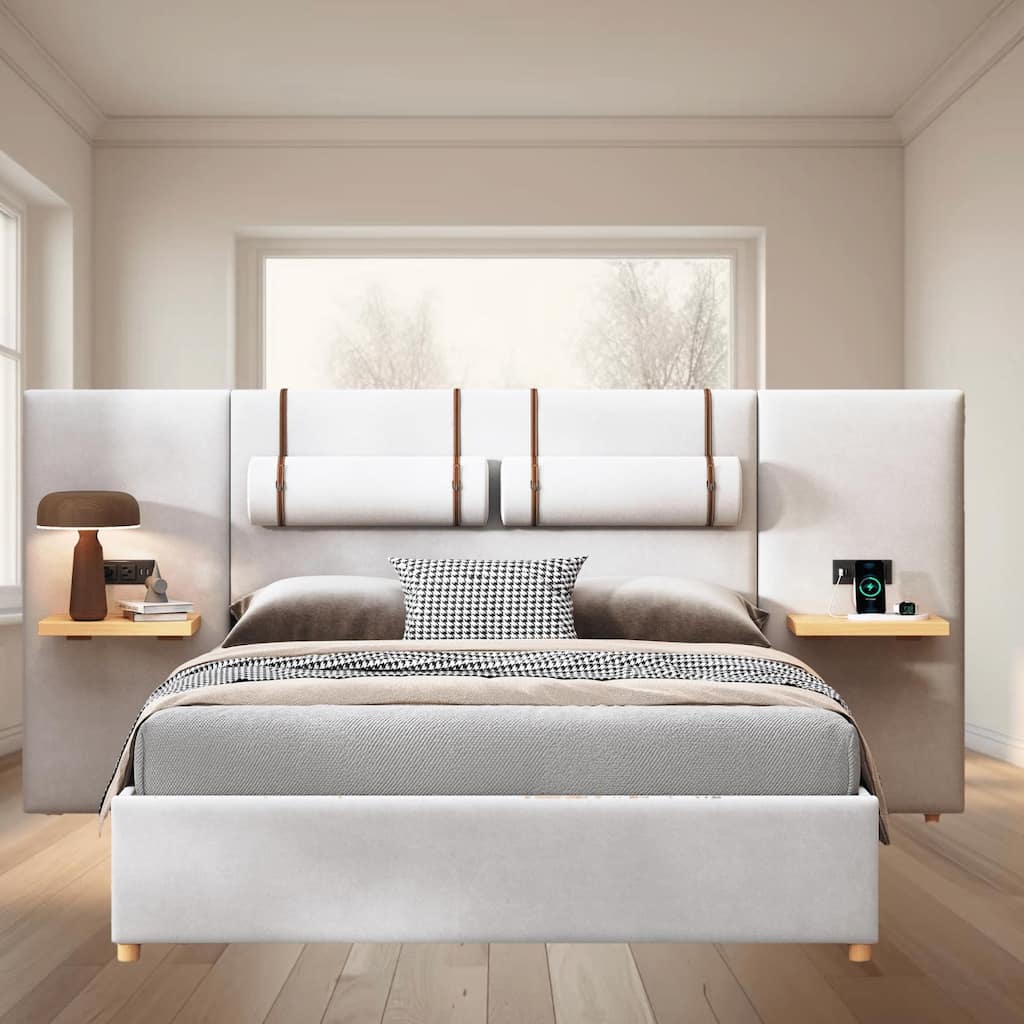 Queen Size Upholstered Platform Bed Frame with USB Charging Ports, Power Outlets and Built-in Pillows, Storage Shelves Included