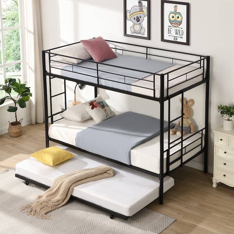 Over Twin Bunk Bed Frame with Trundle Metal Bunkbed Sturdy Guard Rail ...