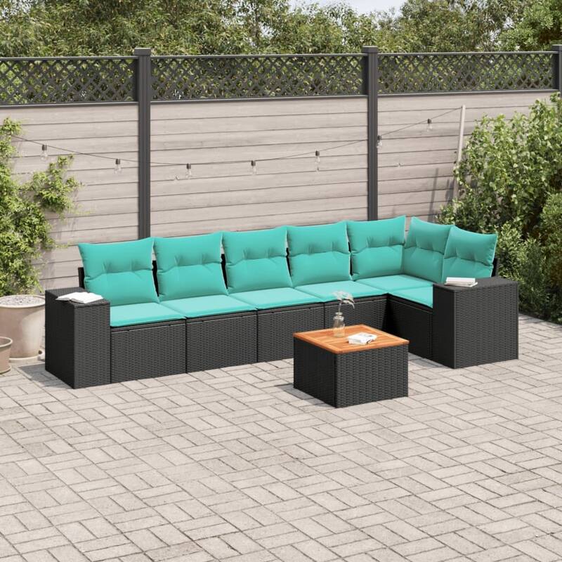 vidaXL 7 Piece Patio Sofa Set with Cushions Black Poly Rattan - 24.4 x 24.4 x 27.2 - Black-corner + Table + 3x middle