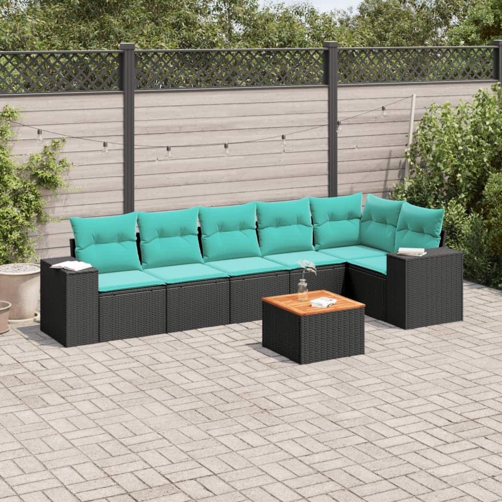 vidaXL 7 Piece Patio Sofa Set with Cushions Black Poly Rattan - 24.4 x 24.4 x 27.2