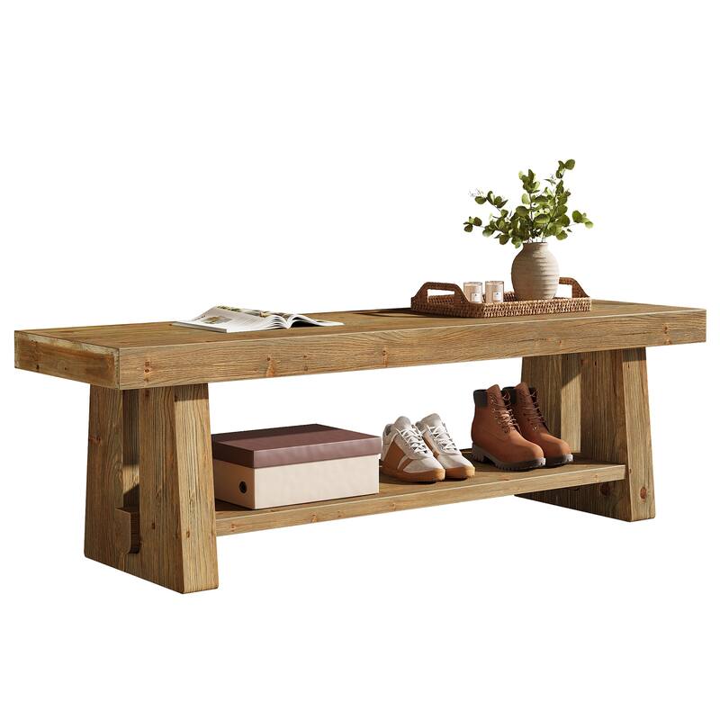 2-Tier Solid Wood Entryway Bench with Shelves, Dining Bed End Accent Seat for Dining Room Living Room Hallway Bedroom