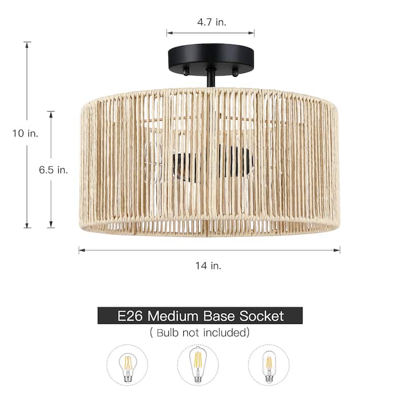 Dorn 2-Light Woven Rope Drum Semi-Flush Mount Ceiling Light - 14"W