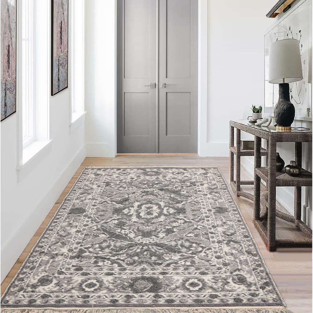 LoomBloom White Traditional Kilim Wool Hand Woven Oriental Area Rug - 5' 3'' x 7' 7''