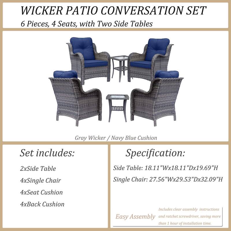 6 Piece Outdoor Wicker Rattan Patio Conversation Furniture Chairs Sets